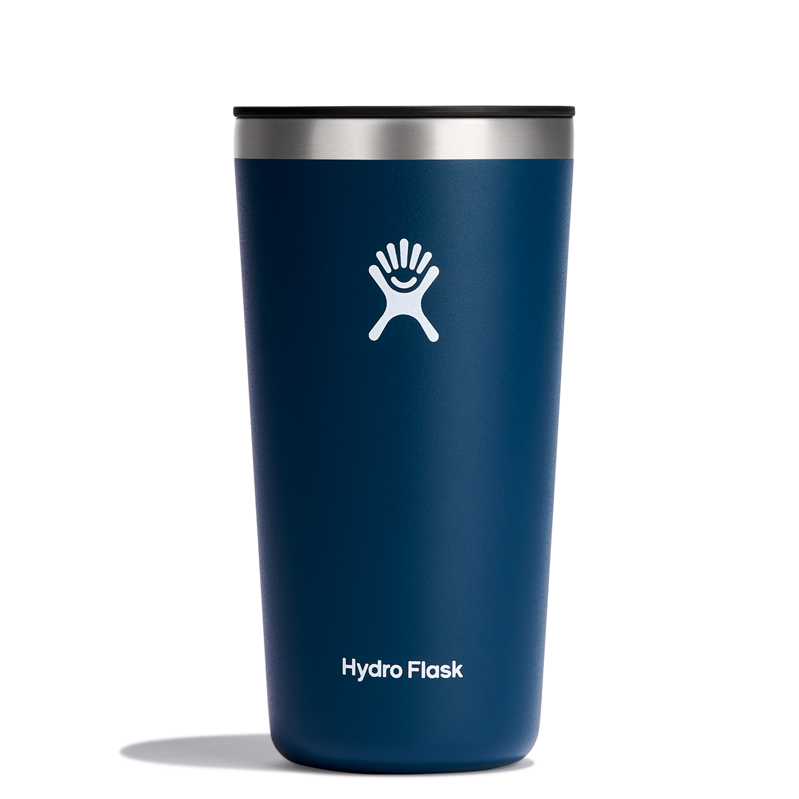 Blue Hydro Flask All Around Insulated Tumbler ideal for hot and cold beverages with snug press-in lid for spill protection.